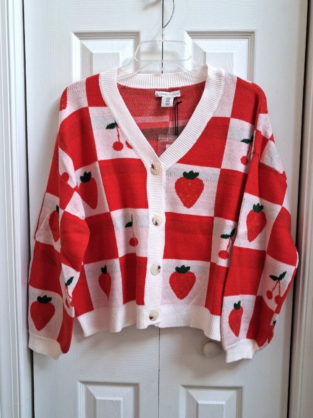 NWT SINCERELY JULES Red/White Strawberry & Cherry Cardigan Sweater sz M